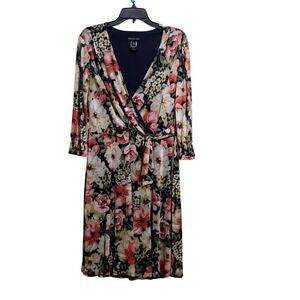 Stella & Julie Floral Faux Wrap Mesh Dress Navy Pink 3/4 Sleeve Size 14 A5